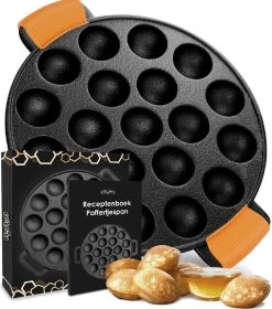 Ocina Poffertjespan– 19 Poffertjes – Poffertjesmaker – Poffertjespan Inductie – Poffertjespan Electrisch – Gietijzeren Pan – Inclusief Warmtebestendige Handvaten– Gratis Receptenboek
