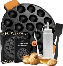 Ocina Poffertjespan – Combo Pack – 19 Poffertjes – Poffertjesmaker – Poffertjespan Inductie – Poffertjespan Electrisch – Gietijzeren Pan - Inclusief Doseerfles, Handvaten, 6x Poffertjesvorken En Invetkwast – Gratis Receptenboek