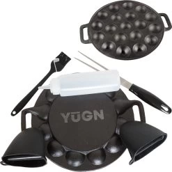 YUGN BLACK Poffertjespan Poffertjesmaker 6 Delige Set - 19 Poffertjes Incl Doseerfles Kwast Poffertjesvork Siliconen Ovenwanten - Platte Onderkant Poffertjespan Inductie Poffertjespan Elektrisch - Cadeau Tip -Keukengerei Winkel 1198x1200 3