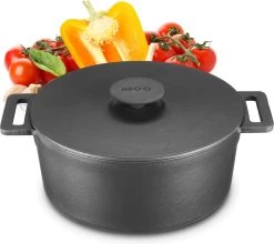 MOA Gietijzeren Braadpan - Inhoud 4,75 Liter - 26CM - Rond - Alle Warmtebronnen - Ook Voor Inductie - Gewicht 5,8 Kg - Zwart - MOAMC26B