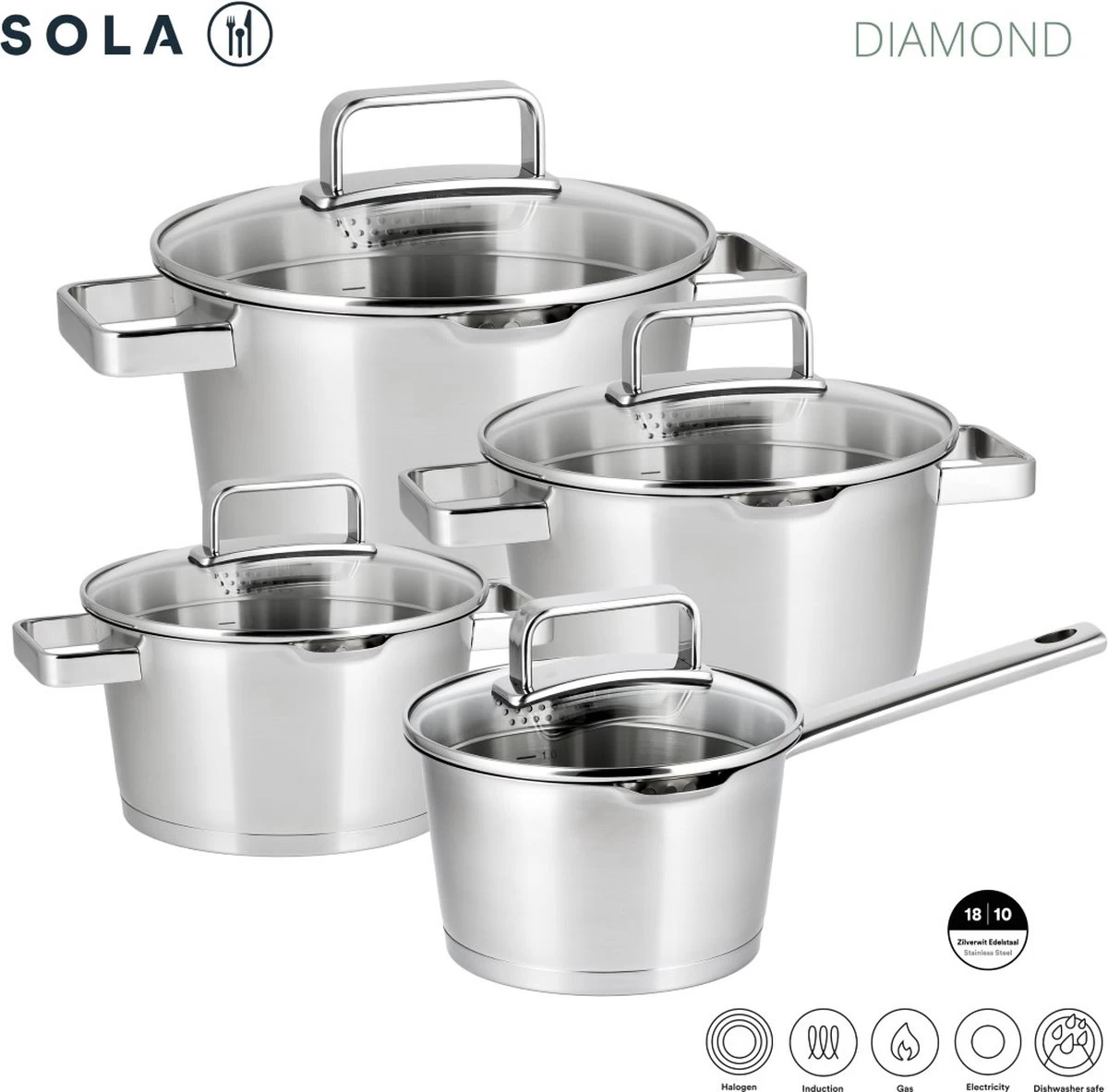 Sola Pannenset Diamond - 4 Delig - Ø 16,16,18,20 Cm - Zilver - RVS - Sandwichbodem 9 Sola Pannenset Diamond - 4 Delig - Ø 16,16,18,20 Cm - Zilver - RVS - Sandwichbodem - Afbeelding 9