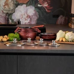 Herenthal Pannenset Inductie - Luxe 10-delige Koekenpan Inductie - Voor Alle Warmtebronnen - Pannen Met Glazen Deksels En Koudgrepen - Burgundy -Keukengerei Winkel 1200x1200 220