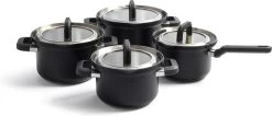 BK Flow Cool Black Glas Kookpannenset - 4-delig - Zwart - Glazen Deksel - Veilig Afgietsysteem - Inductie