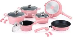 Royalty Line - Set Lot 14-delige Pannenset Inductie - Glazen Deksel - Met Afneembare Handgreep - Marmeren Interieur -PFAS-vrij - Roze Kleur