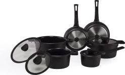 The White Series - Keramische Pannenset Met Glazen Deksels - Inclusief Set Vershoudbakjes - Zwart