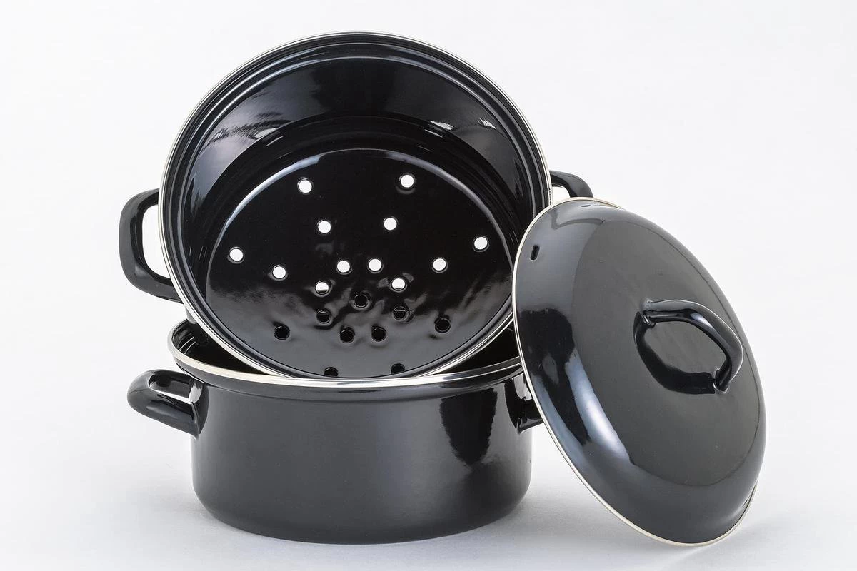 Lite-Body - Magnus Stoompan Aardappelkoker 22 Cm - 3 Delig - Emaille - Zwart 2 Lite-Body - Magnus Stoompan Aardappelkoker 22 Cm - 3 Delig - Emaille - Zwart - Afbeelding 2