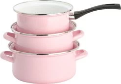 Lite-Body Pannenset - 3-delig - 2 Kookpannen & 1 Steelpan - Emaille - Serafijn Roze -Keukengerei Winkel 1200x836 1