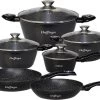 Cheffinger Pannenset - 10 Delig - Marmeren Coating - Inductie - Met Glazen Deksels - Zwart