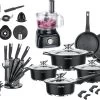 Swiss Pro+ - SWP41D22 - Pannenset 41 Delig - Foodprocessor - Messenblok 8 Delig - Kookgerei Set Met Houder 7 Delig - Starters Pakket - 2022 Serie - Limited Edition -uitzet