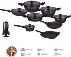 Swiss Homes® | 33 - Delige Steengoeden Pannenset | Afneembare Handgrepen, 6 Potten + 2 Pannen + Pollepelbodem + 2 Pollepels + 6 Deksels + 12 Handgrepen + Accessoire. - | PFAS-Vrij | Zwart